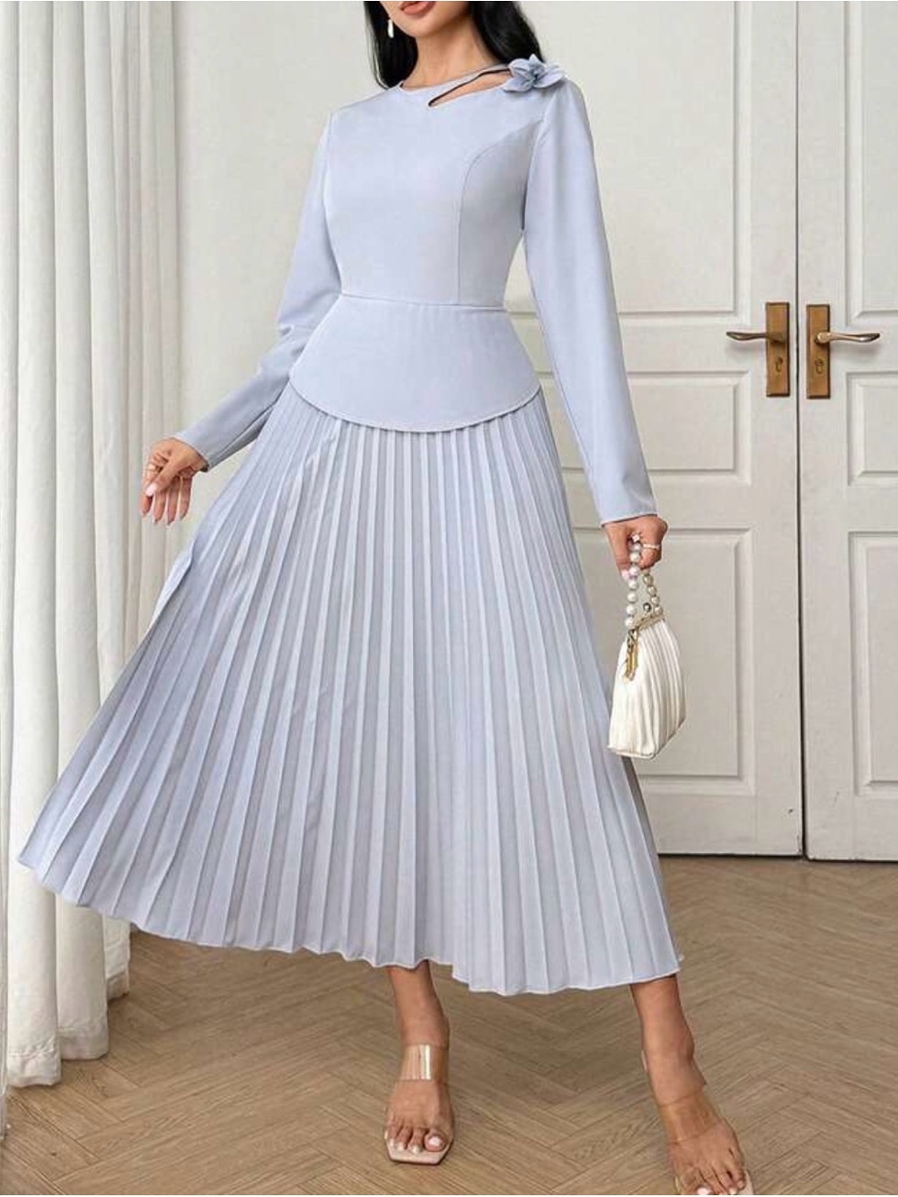 Elegant Light Gray Pleated Midi Dress